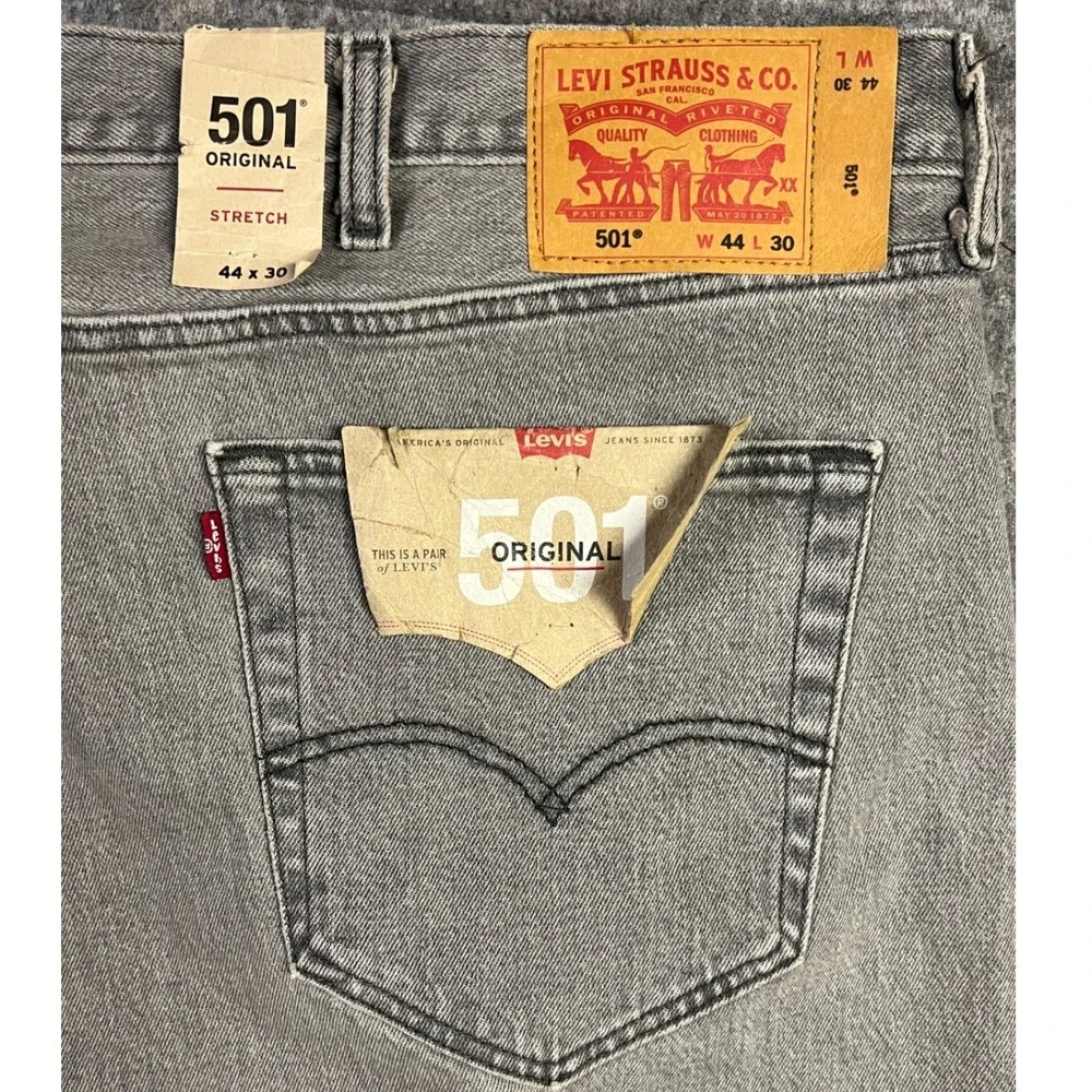 Levi's 501 Original Jeans 44x30 Gray Straight Leg Button Fly Stretch Denim New